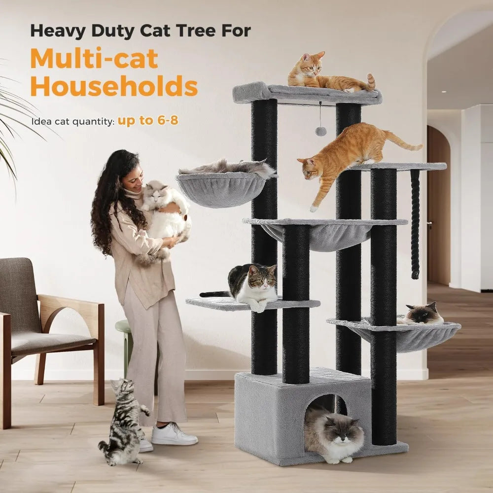 Three-Tier Wooden Cat Tree With Scratching Posts And Condo