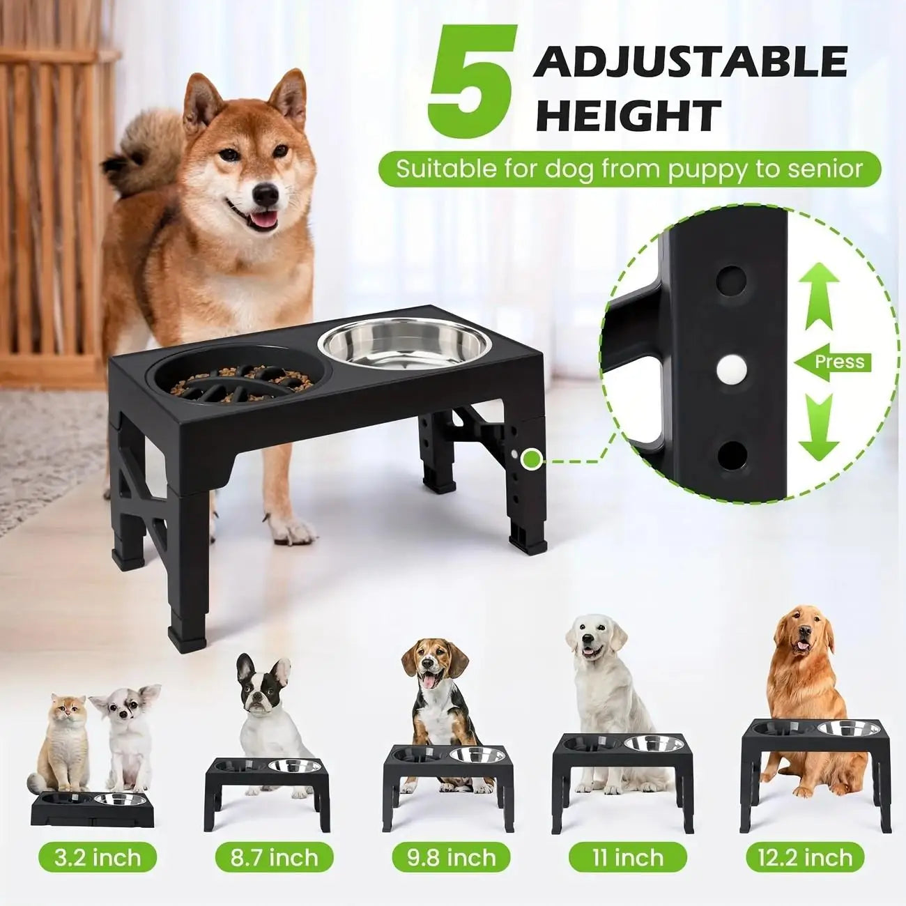 Adjustable Elevated Dog Bowls With Feeder Stand And Stainless Bowls