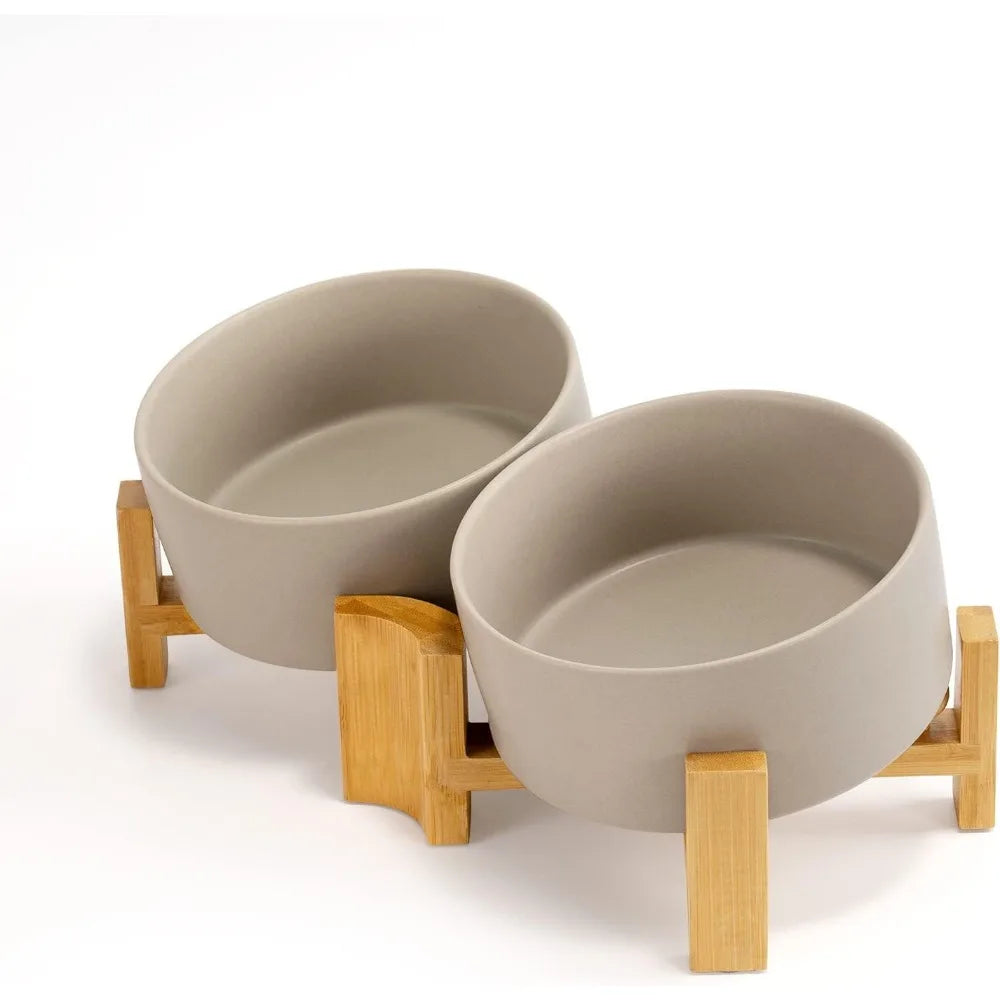Slanted Ceramic Pet Bowl With Wooden Stand Non Spill For Cats And Medium Dogs