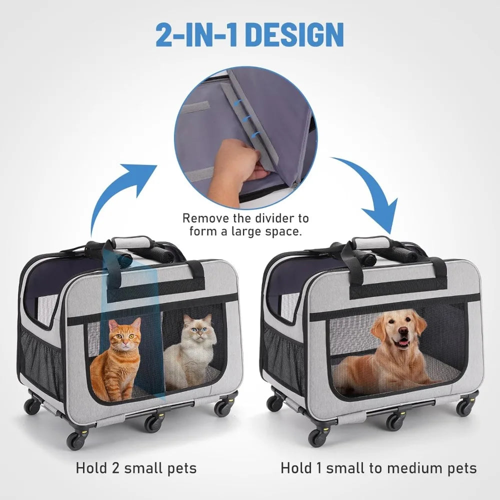 TIFICY Double Pet Carrier With Wheels For Cats And Dogs