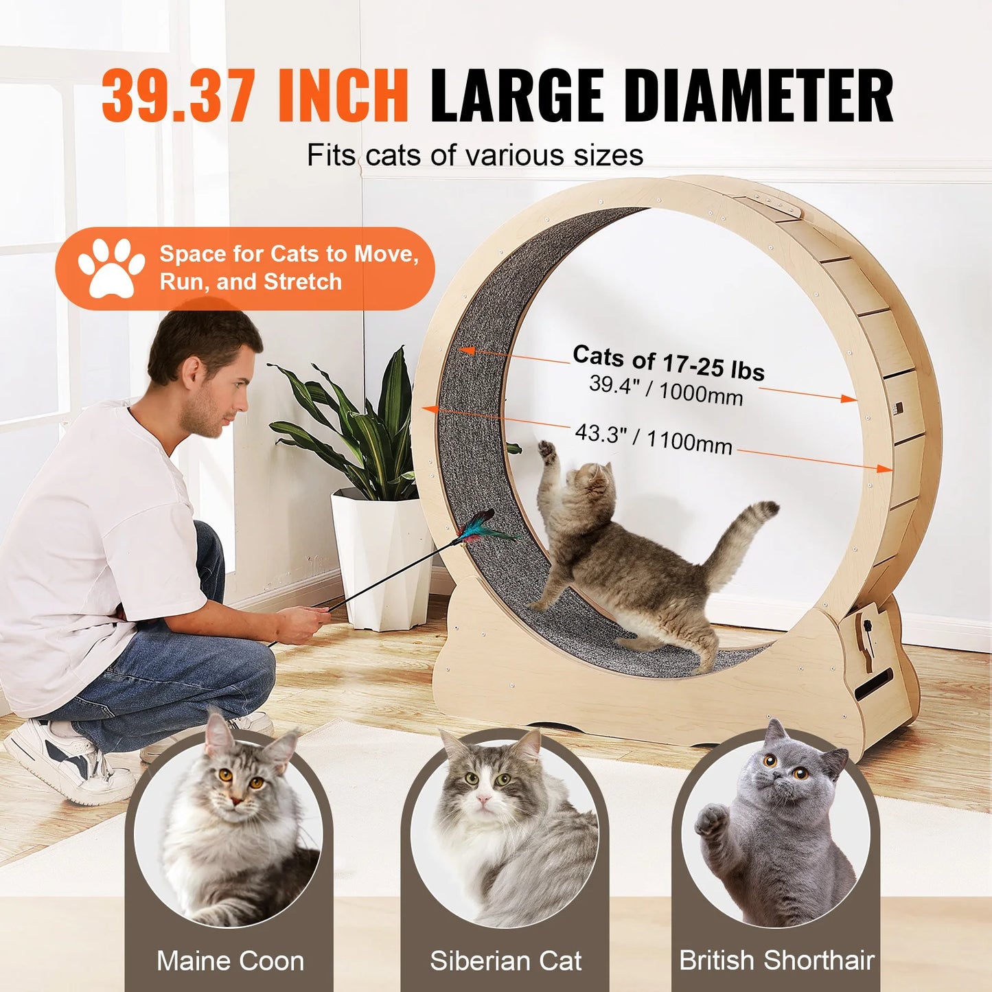 Wooden Cat Exercise Wheel Large Indoor Treadmill With Detachable Carpet
