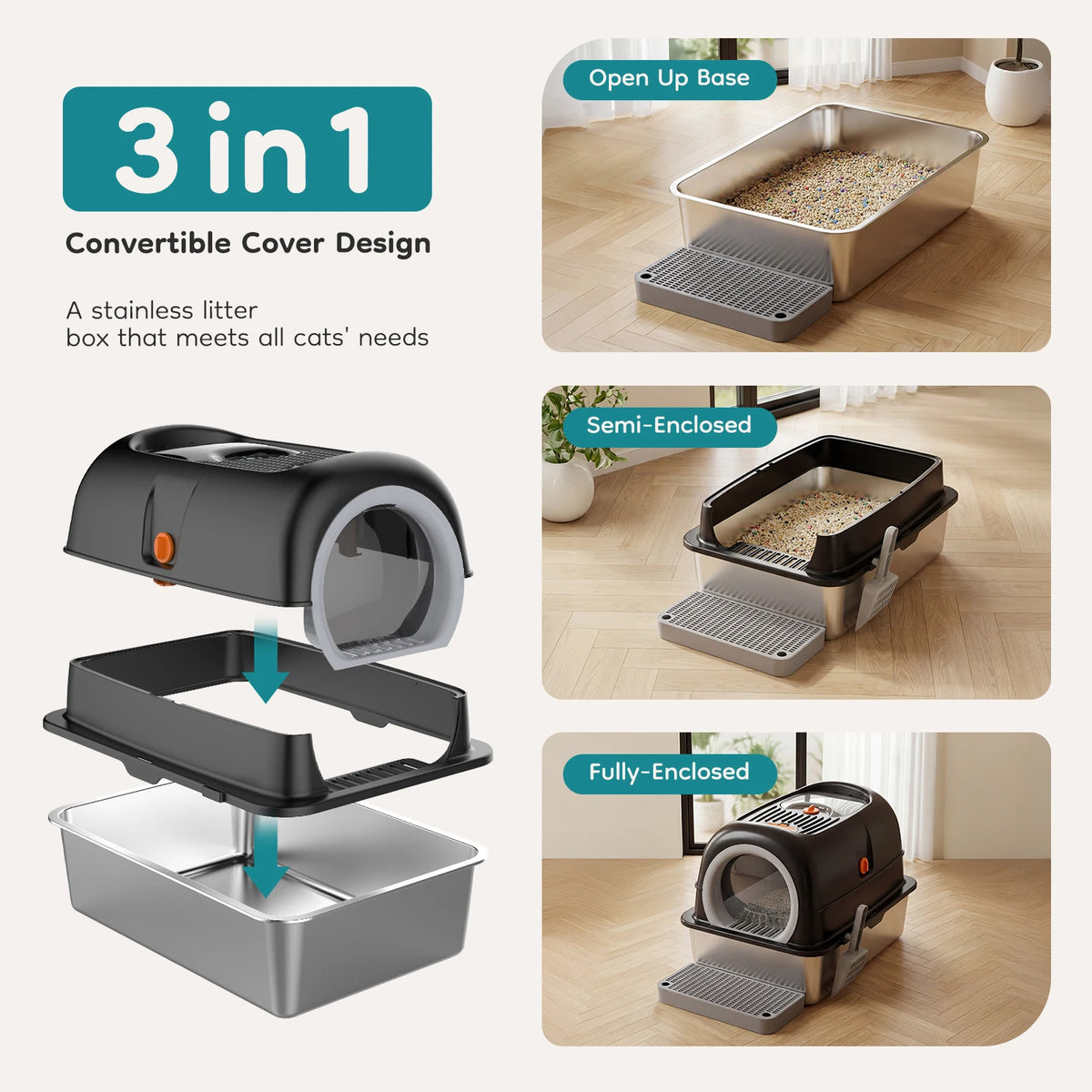 Fully Enclosed Stainless Steel Cat Litter Box For Large Cats