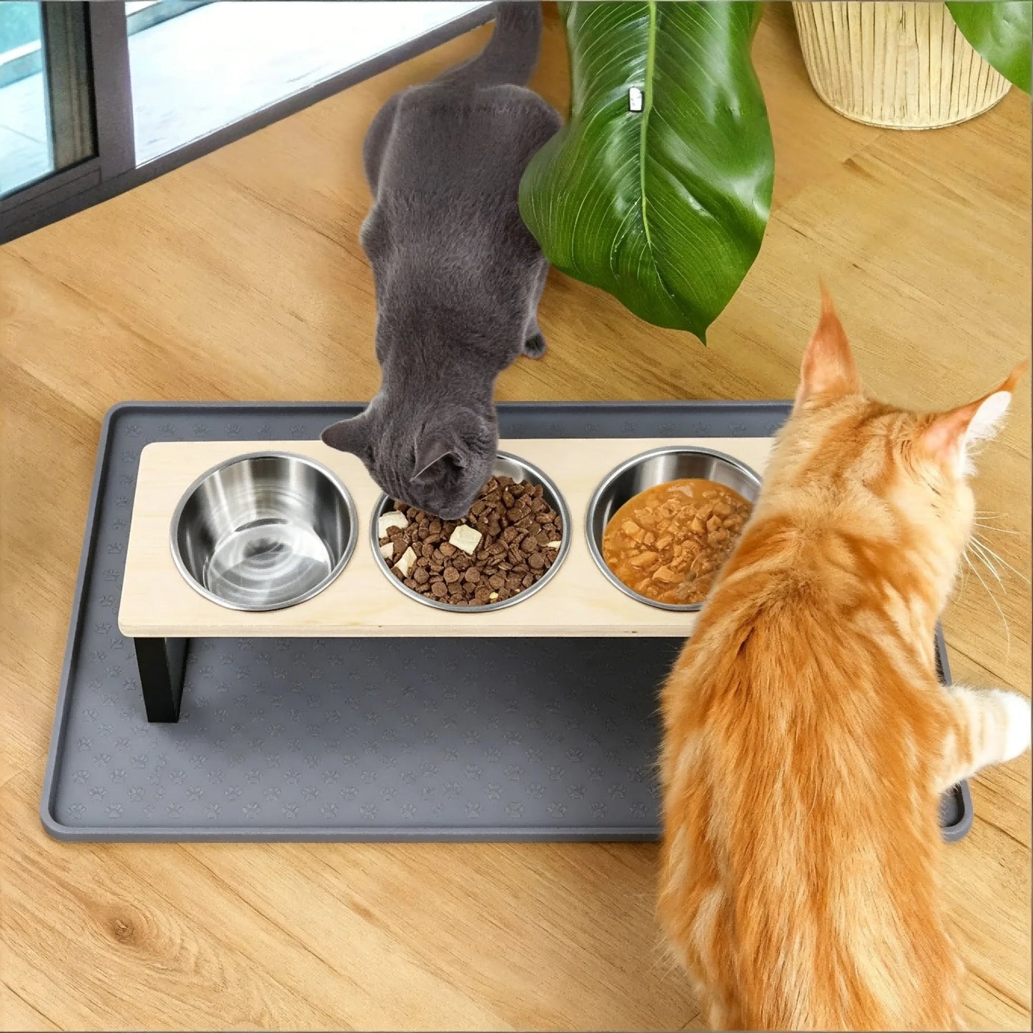 Elevated Cat Feeder With 15 Degree Tilt Bamboo Iron Stand Stainless Bowls
