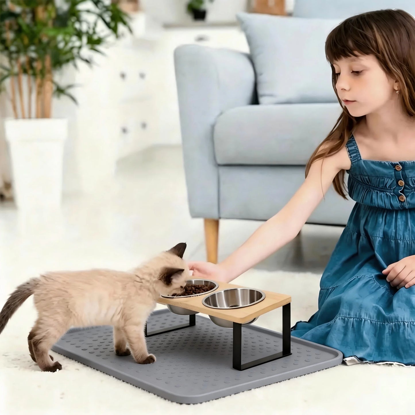 15 Degree Tilted Elevated Stainless Steel Cat Bowls With Wooden Stand