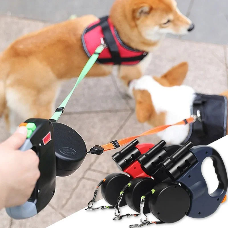 3In1 Retractable Dog Leash With Flashlight Poop Bag Dispenser Reflective
