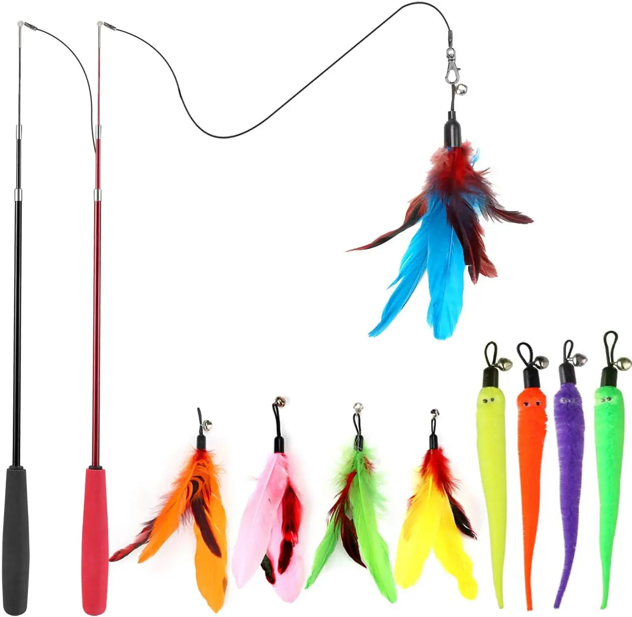 Interactive Cat Wand Toy With Feather Refills Retractable Pole Indoor Play