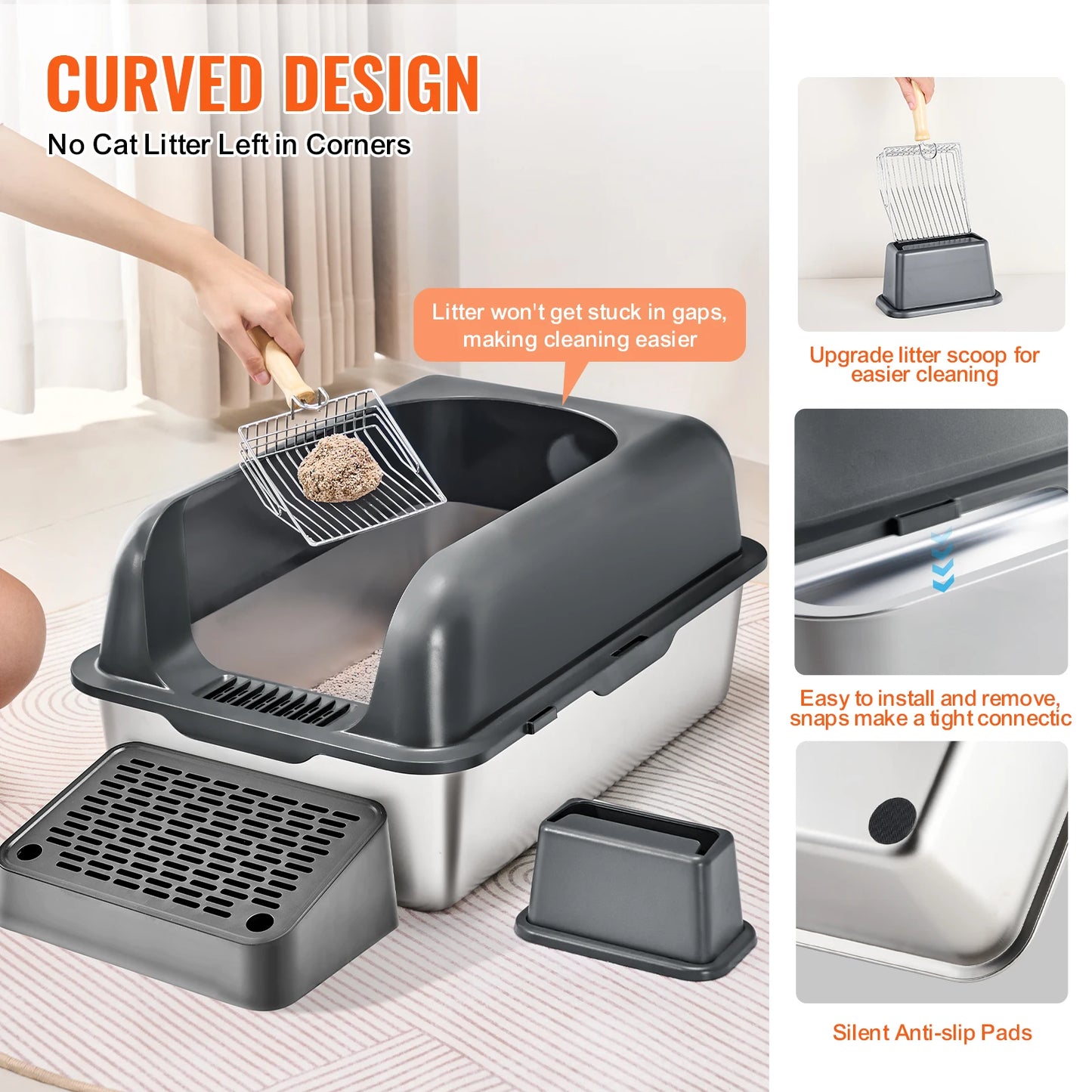 Stainless Steel Cat Litter Box With Scoop And High Sides