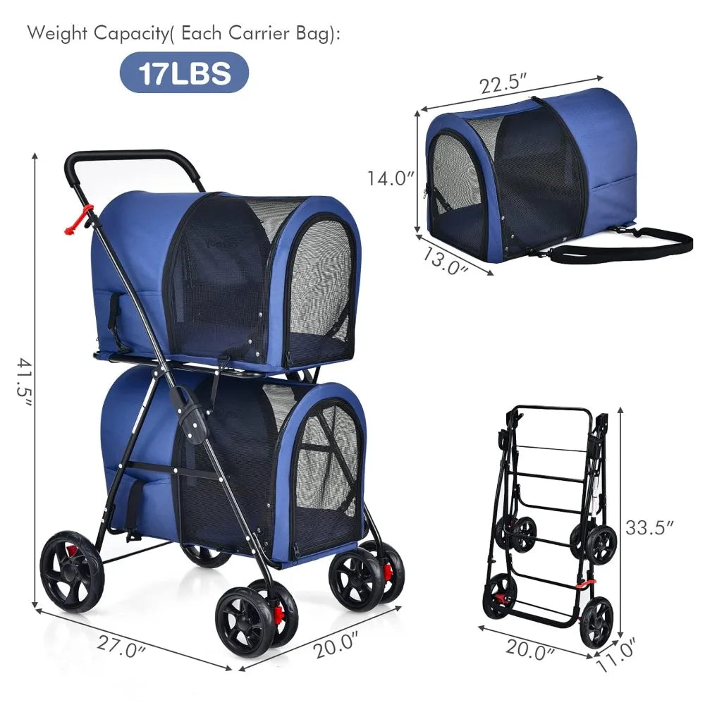 Breed Double Pet Stroller With 2 Removable Carrying Bags