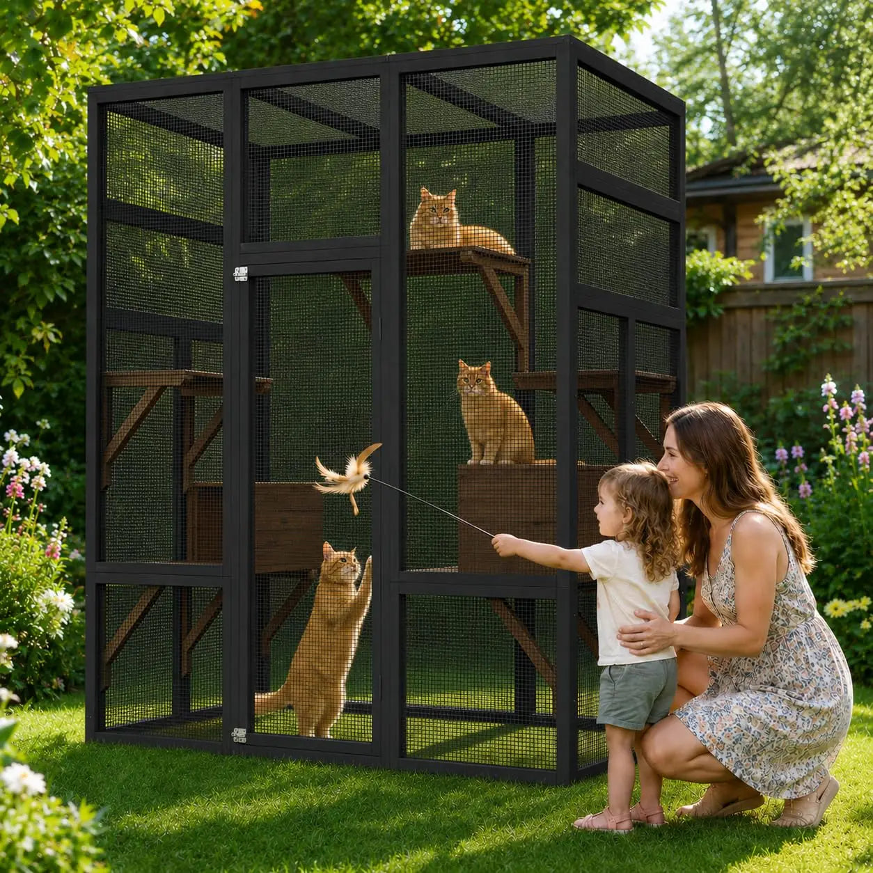 HiMISS Outdoor Cat Enclosure Catio Wood House With UV Roof And Platforms