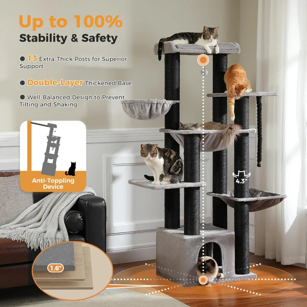 Three-Tier Wooden Cat Tree With Scratching Posts And Condo