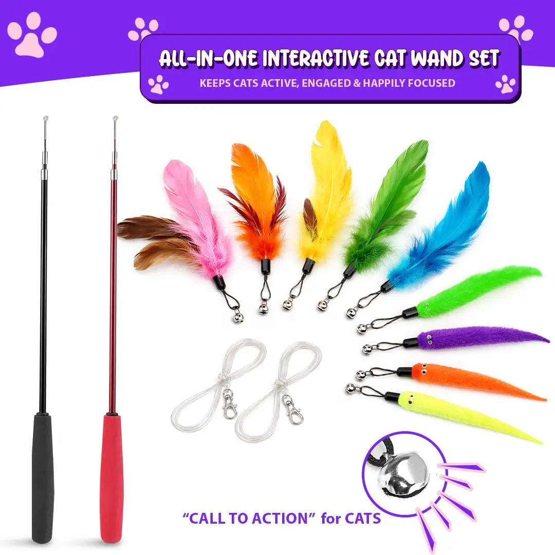 Interactive Cat Wand Toy With Feather Refills Retractable Pole Indoor Play