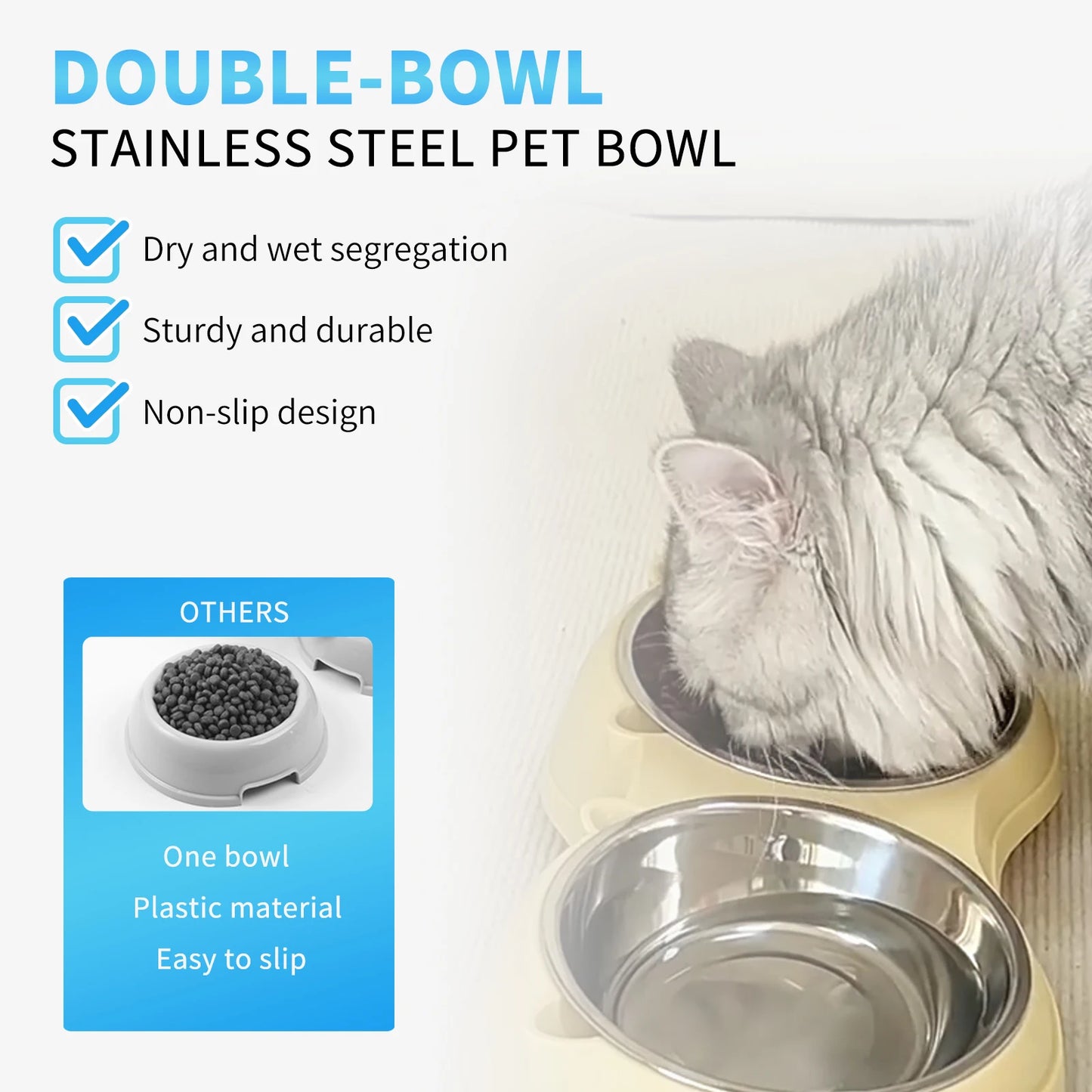 Non Slip Stainless Steel Pet Food Bowl Dual Bowls With Non Skid Base 600ml