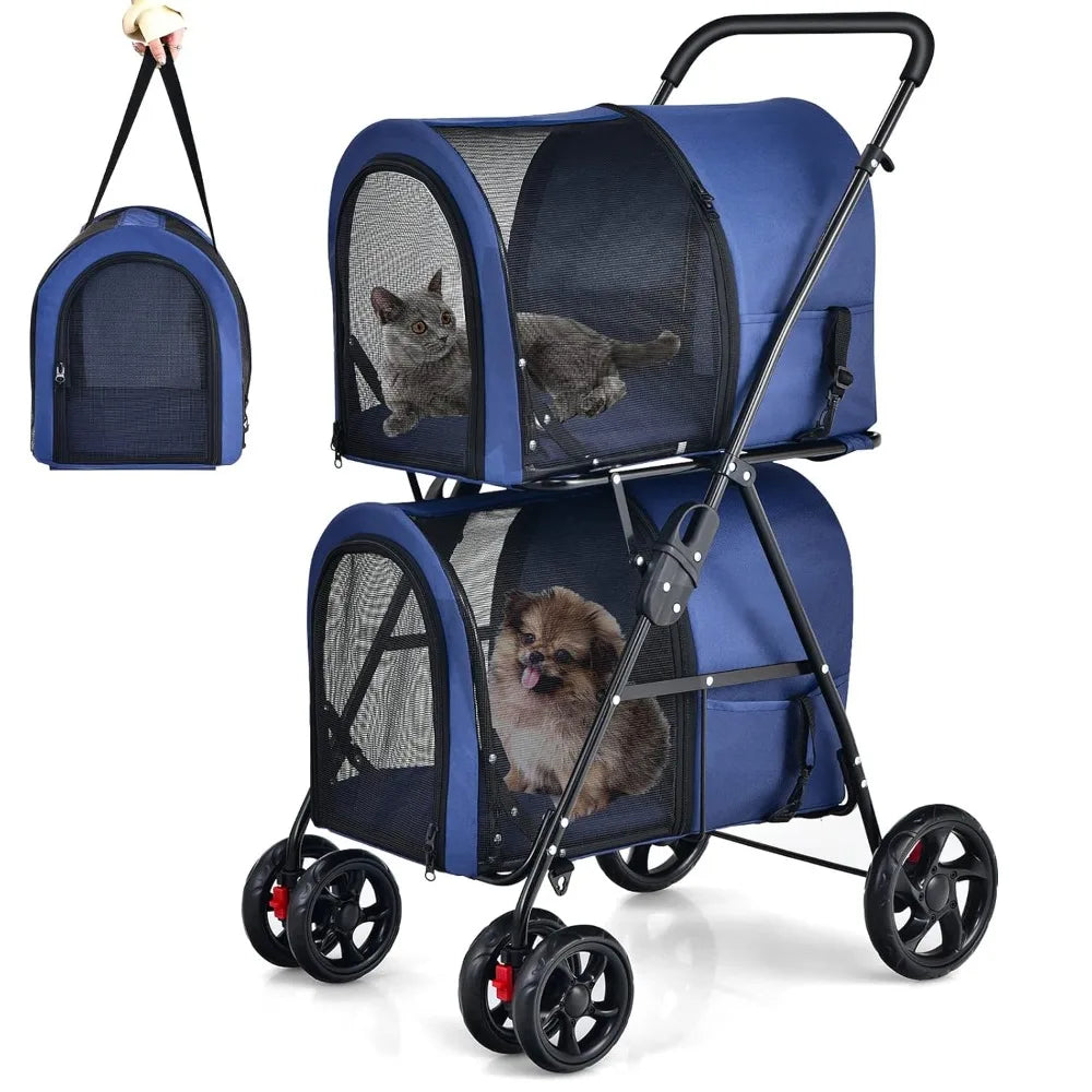 Breed Double Pet Stroller With 2 Removable Carrying Bags