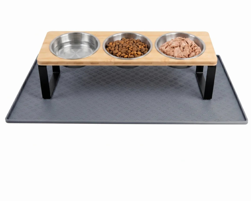 Elevated Cat Feeder With 15 Degree Tilt Bamboo Iron Stand Stainless Bowls