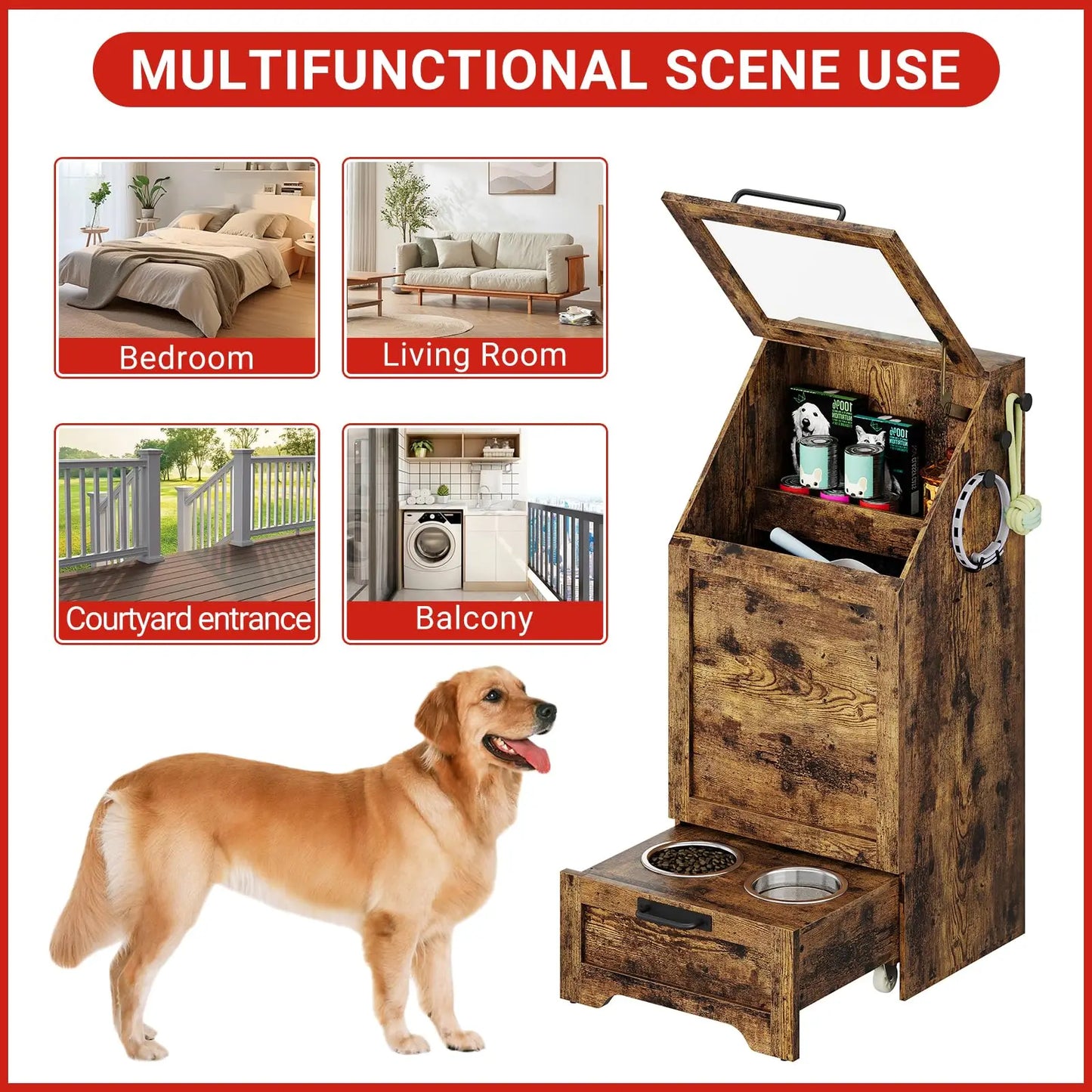 HiMISSH Dog Food Storage Cabinet With Flip Top Leash Hooks