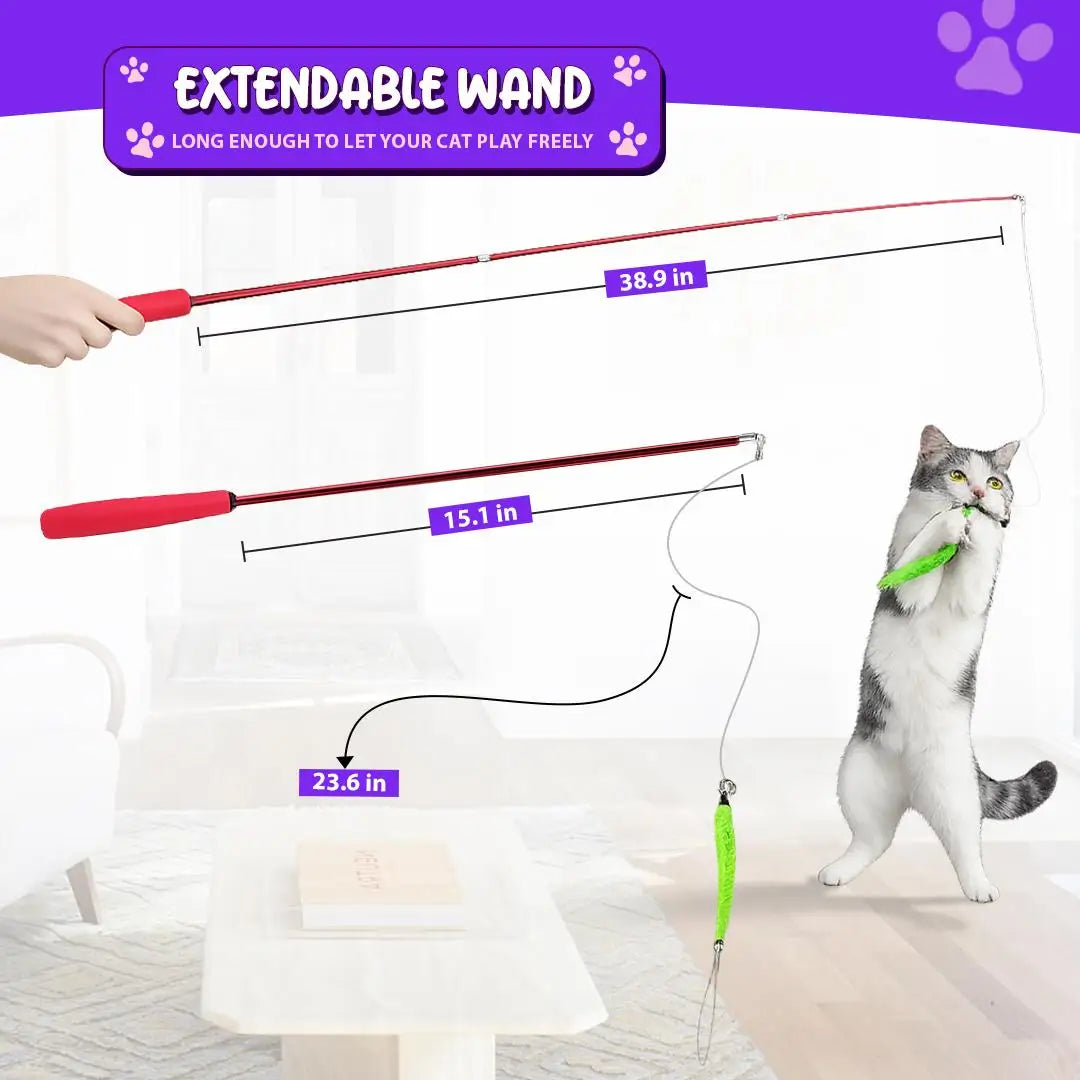 Interactive Cat Wand Toy With Feather Refills Retractable Pole Indoor Play