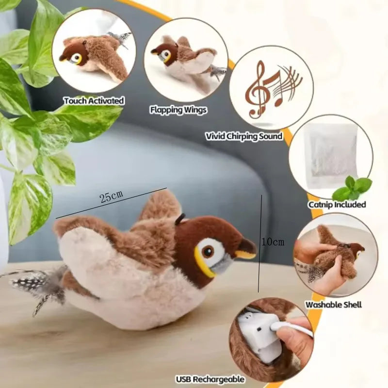 Rechargeable Touch Activated Plush Bird Toy Chirping Flapping For Pets