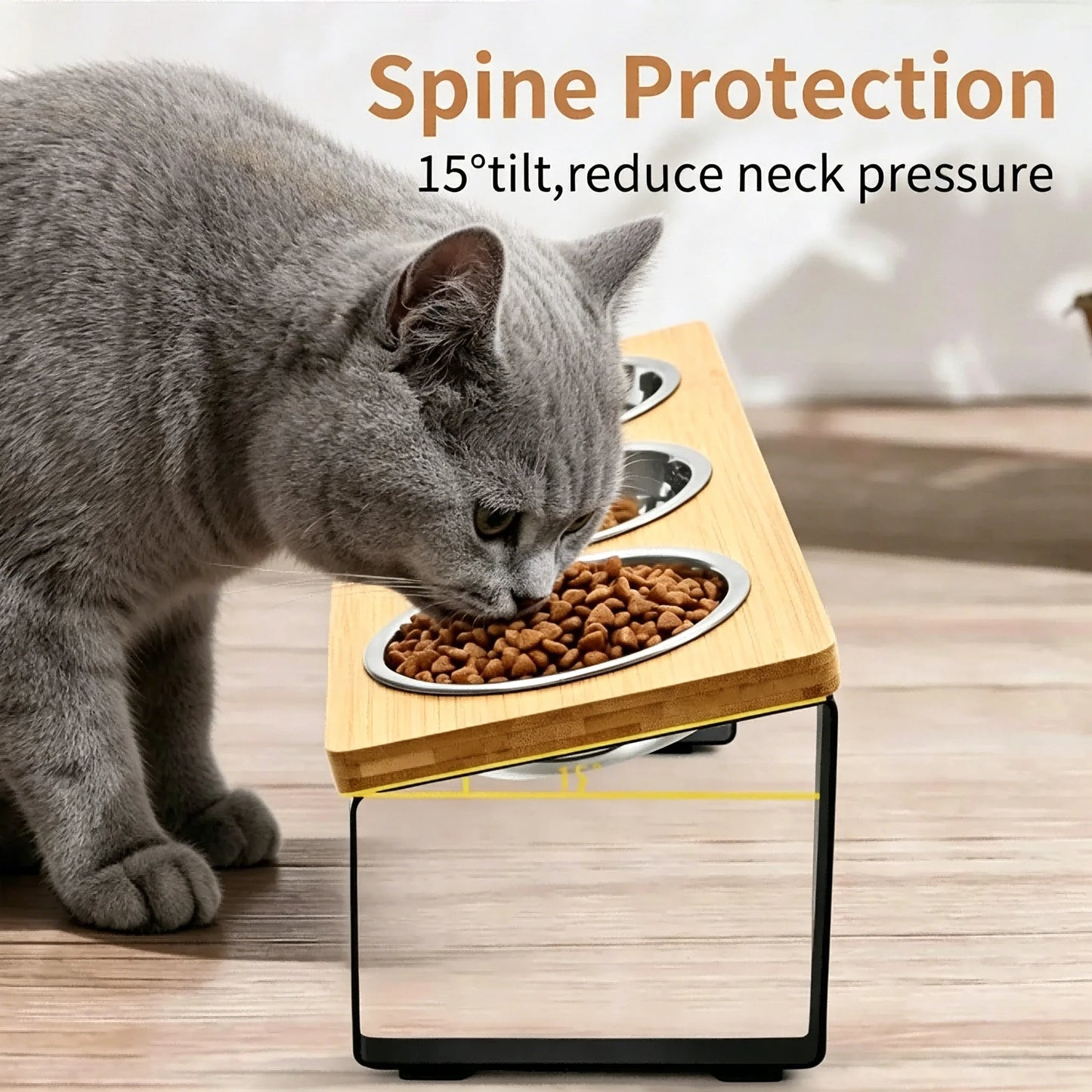 Elevated Cat Feeder With 15 Degree Tilt Bamboo Iron Stand Stainless Bowls