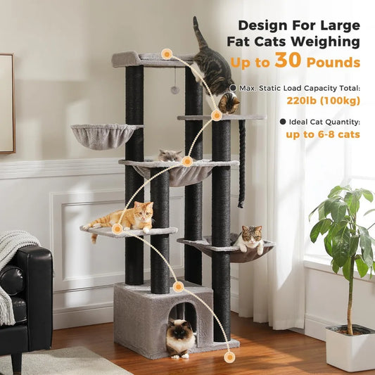 Three-Tier Wooden Cat Tree With Scratching Posts And Condo