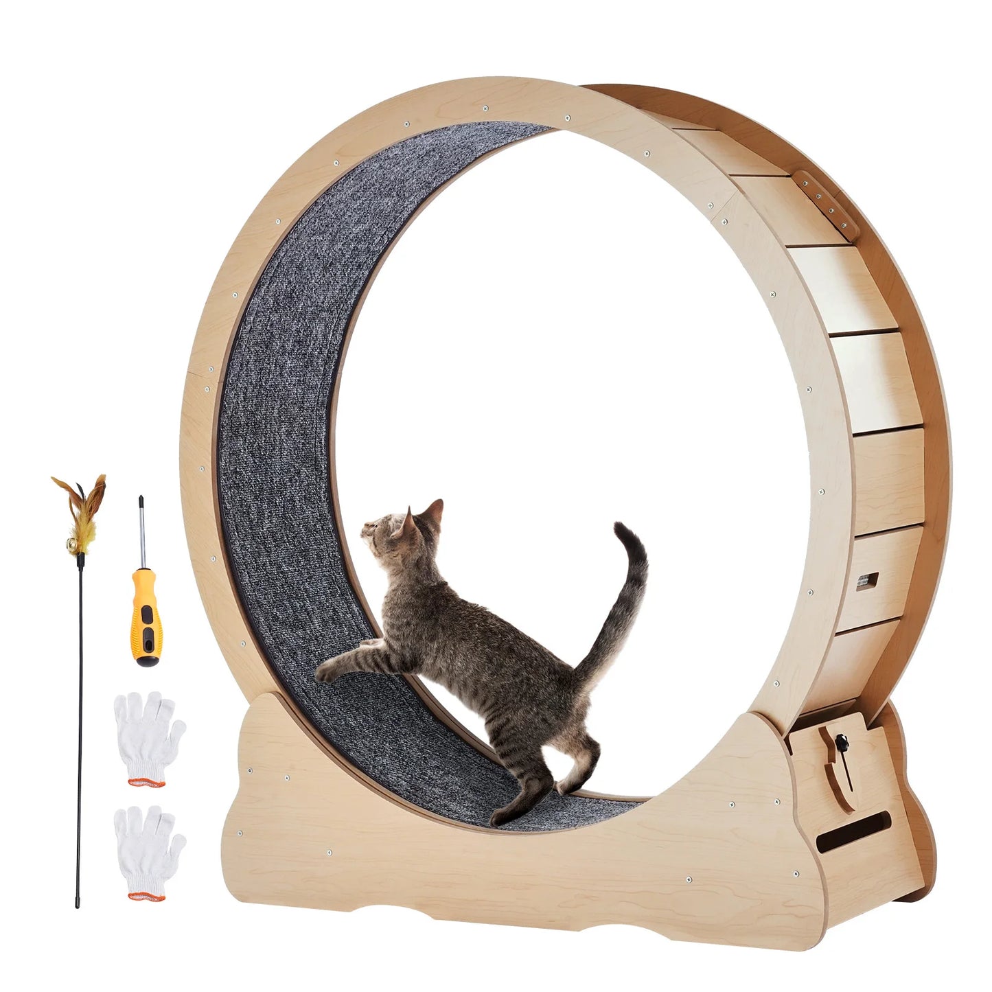 SucceBuy Wooden Cat Exercise Wheel Indoor Running Wheel With Detachable Carpet