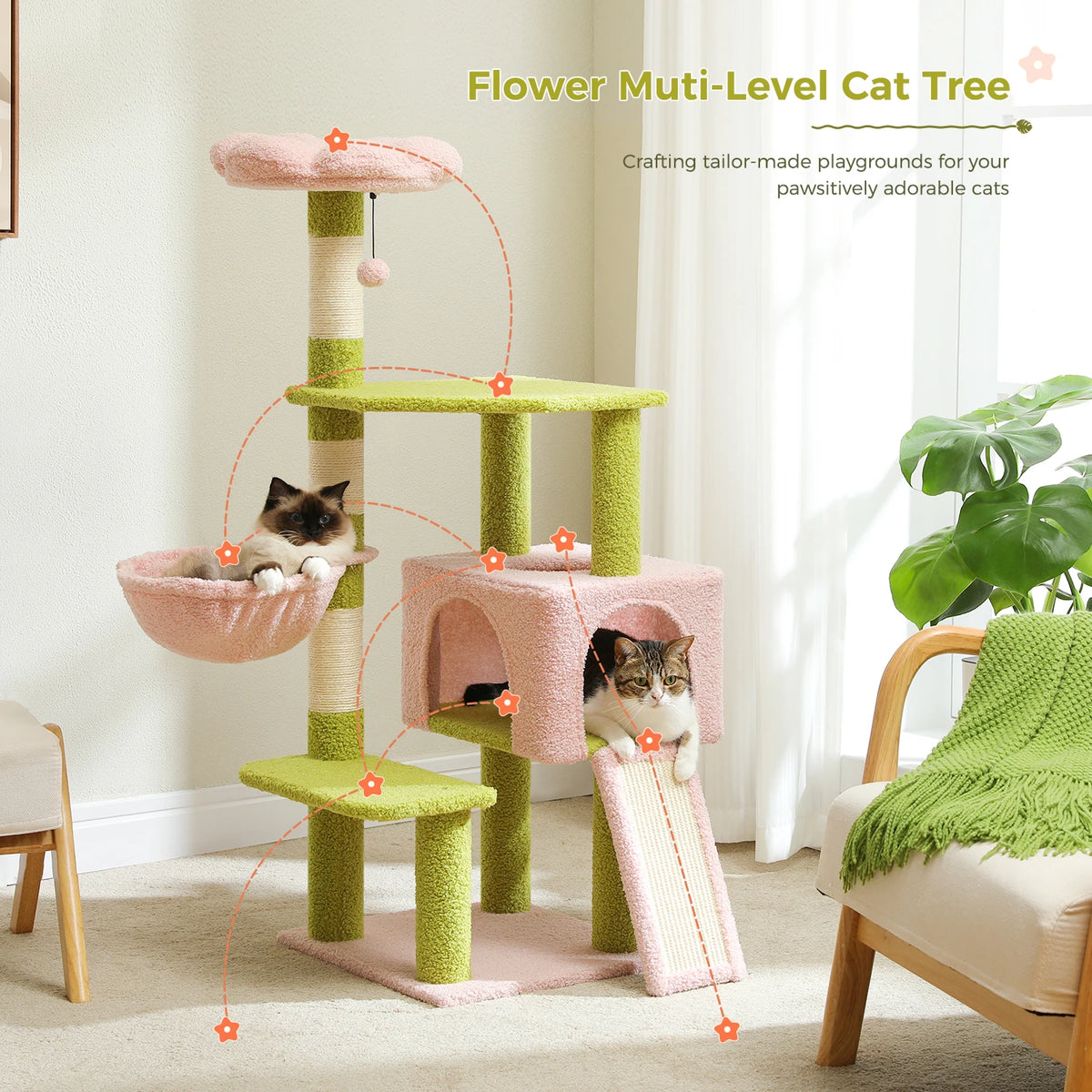 PEQULTI Flower Cat Tree With Hammock Scratching Posts And Perch