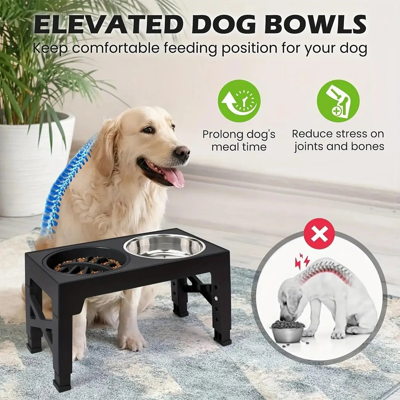 Adjustable Elevated Dog Bowls With Feeder Stand And Stainless Bowls